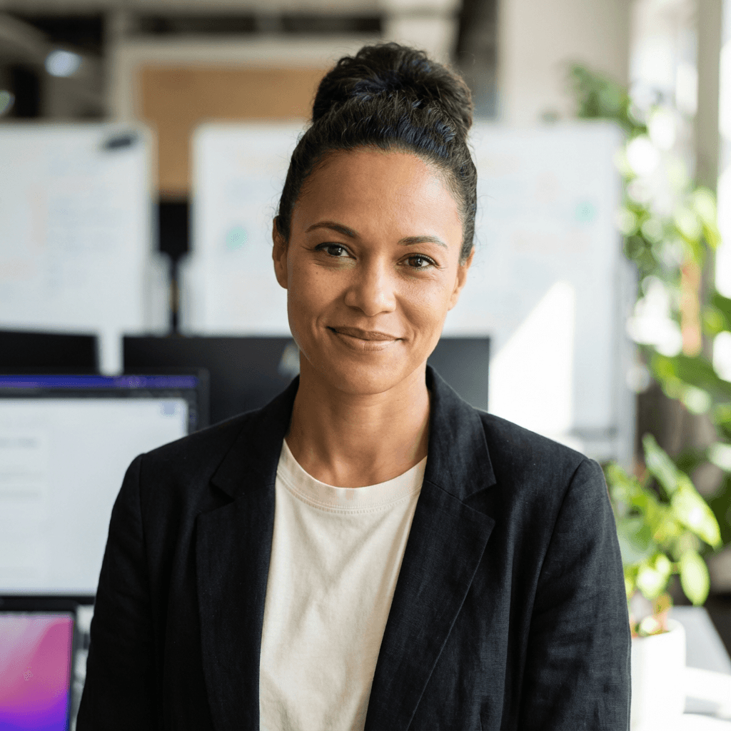 Female co-founder in a modern office with technical blueprints visible