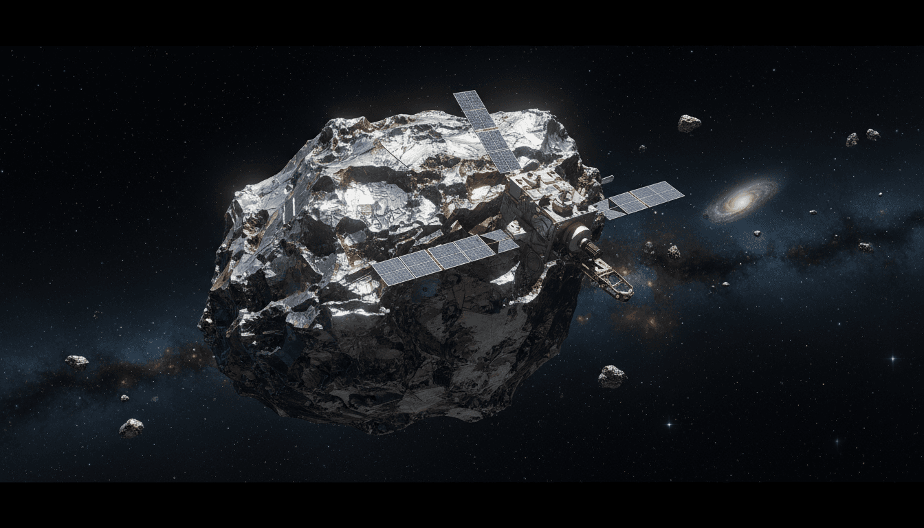Robotic spacecraft approaching a metal-rich asteroid in deep space