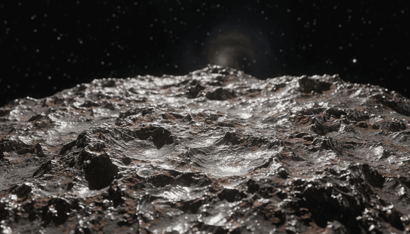 Close-up of an asteroid surface with metallic gleam