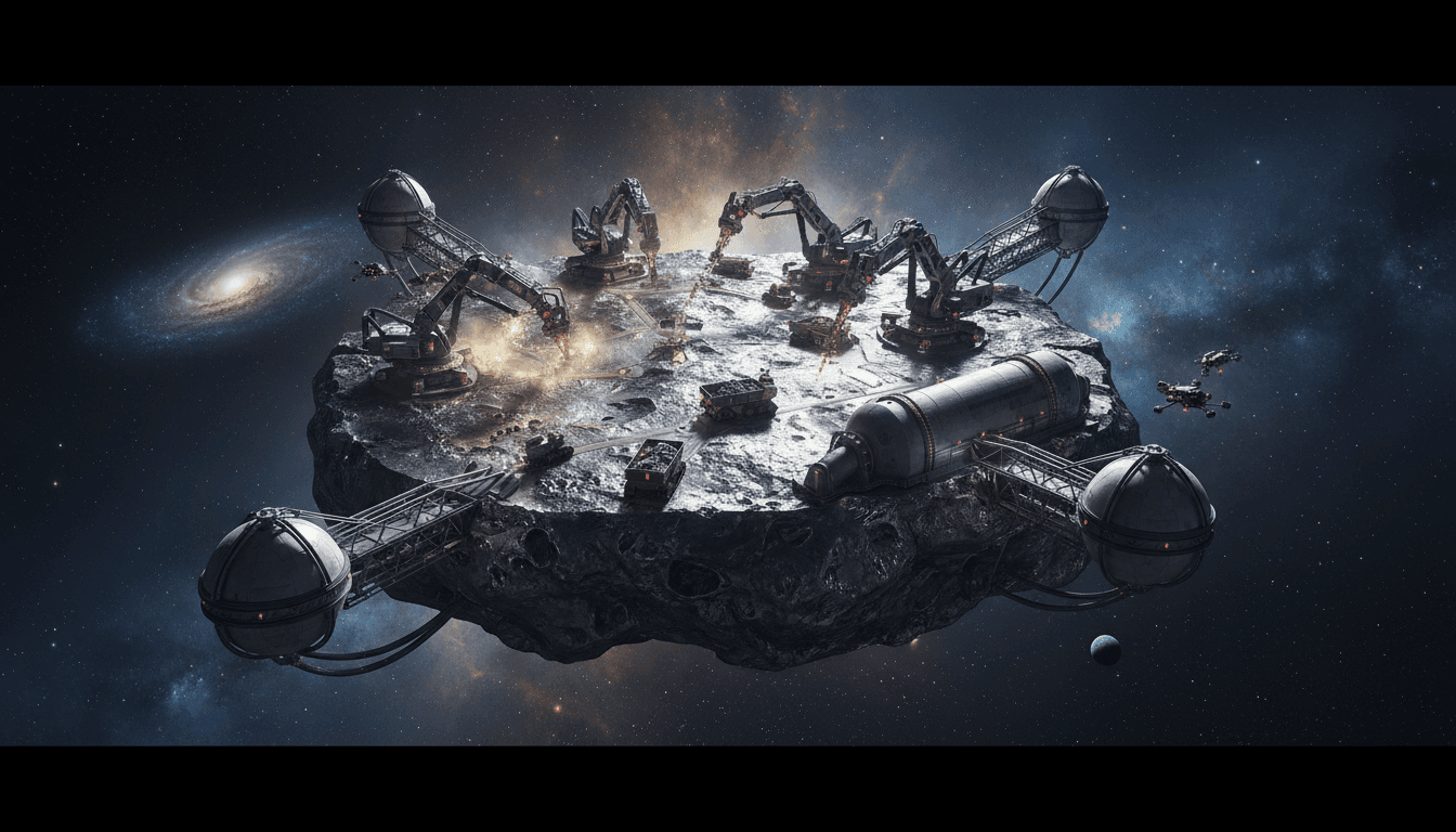 Metal asteroid in orbit with robotic mining equipment nearby