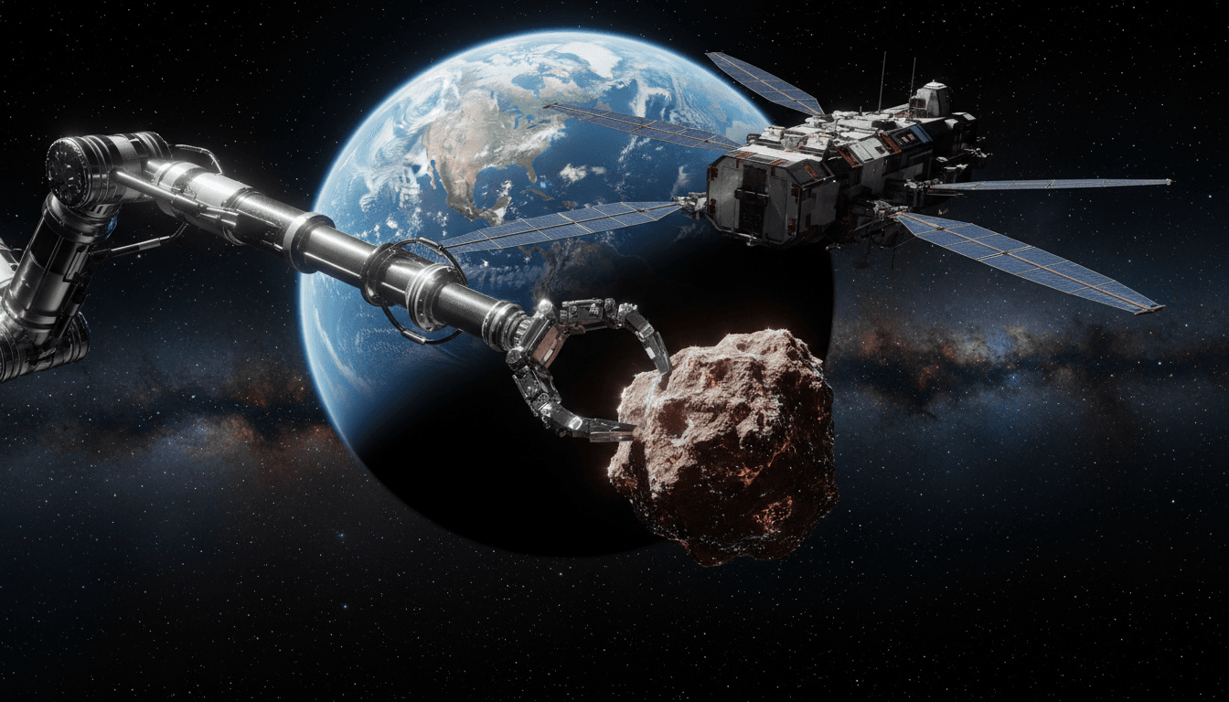 Robotic arm reaching toward a small asteroid