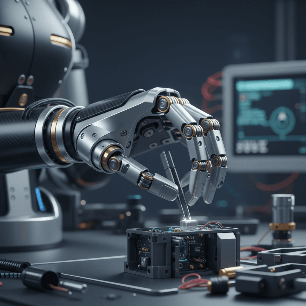 Advanced robotic arm inside a spacecraft assembly facility