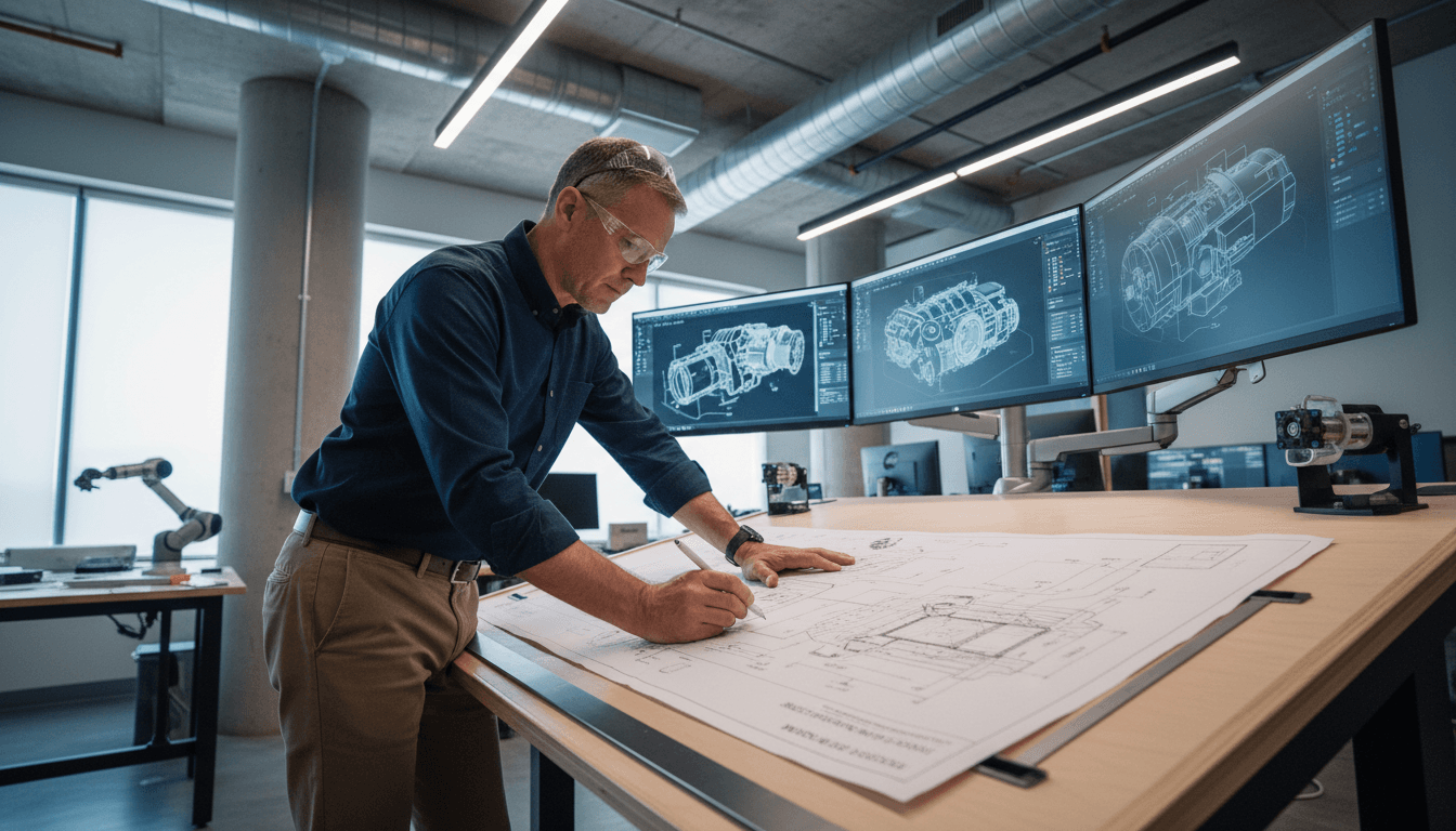 Engineer reviewing technical blueprints on a large screen in a modern control room